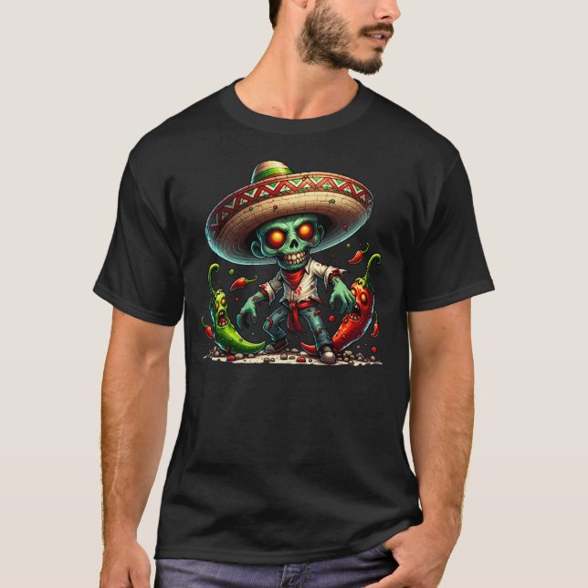 Camiseta Zombie Cinco de Mayo Man e pimentões quentes (Frente)