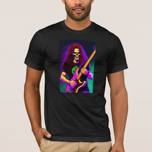 Camiseta Zombie com cabelo comprido tocando violão de baixo (Frente)