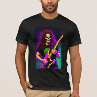 Camiseta Zombie com cabelo comprido tocando violão de baixo