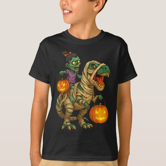 Camiseta Zombie Garota Andando Mamãe T Rex Halloween Crianç (Frente)