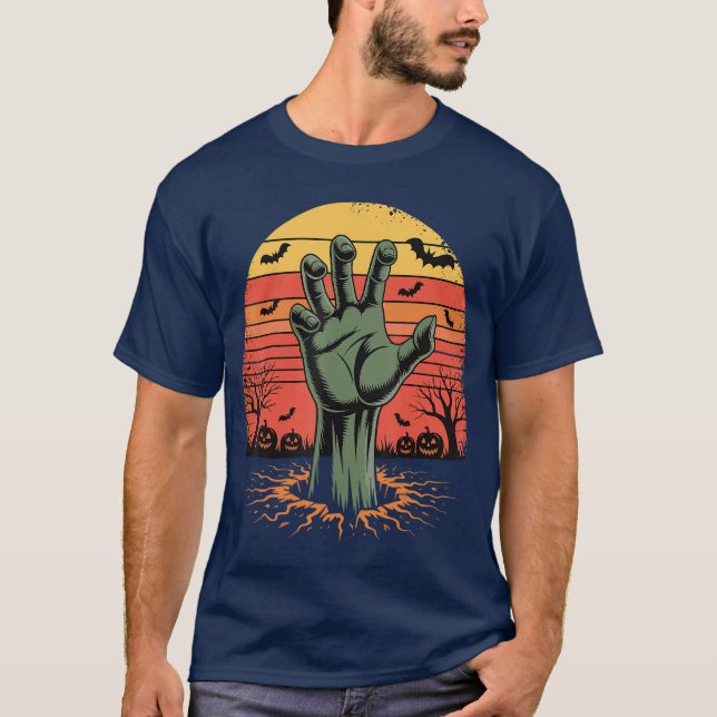 Camiseta Zombie Hand Retro Sunset Halloween Horroree gift (Frente)