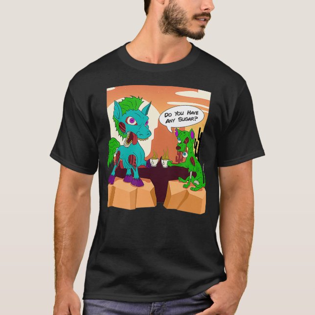 Camiseta Zombie Horse Zombie Cachorro Esfregando Chá no Des (Frente)