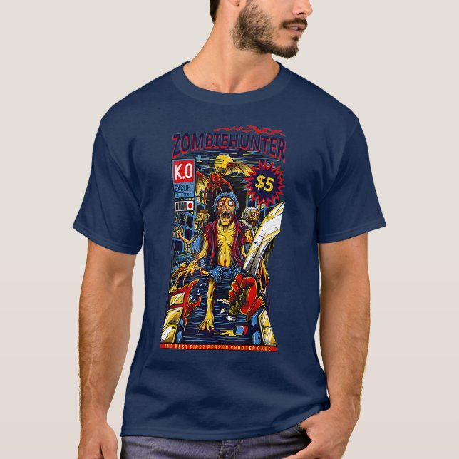 Camiseta Zombie Hunter Comic Book Design para o Dia das Bru (Frente)
