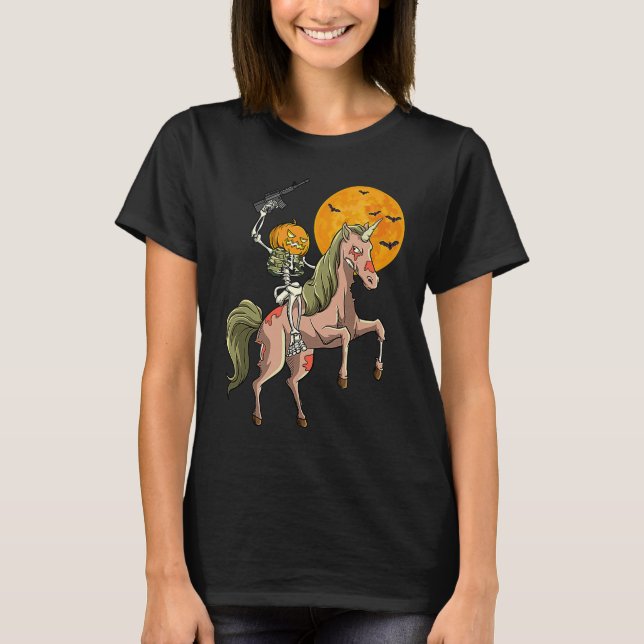 Camiseta Zombie Unicorn caçando esqueleto Halloween Hunter  (Frente)