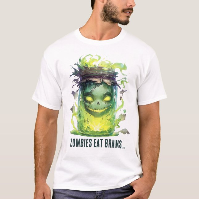 Camiseta Zombies comem cérebros. Spooky Halloween Jar com b (Frente)