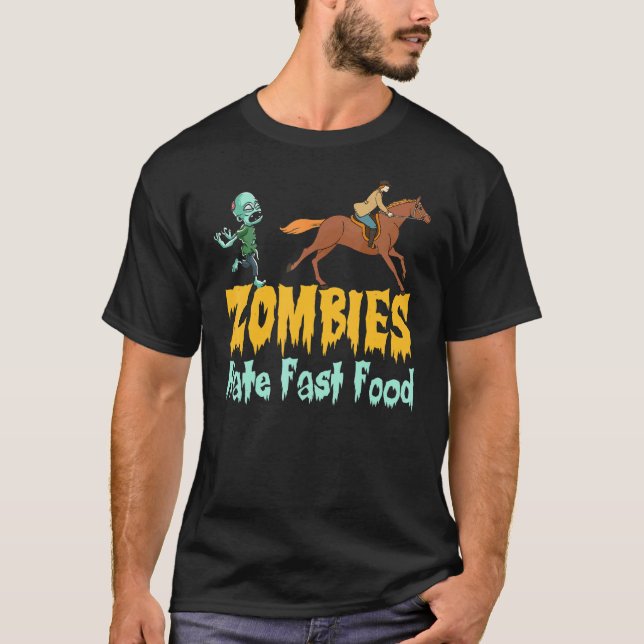 Camiseta Zombies do Halloween Equestres odeiam Comida rápid (Frente)