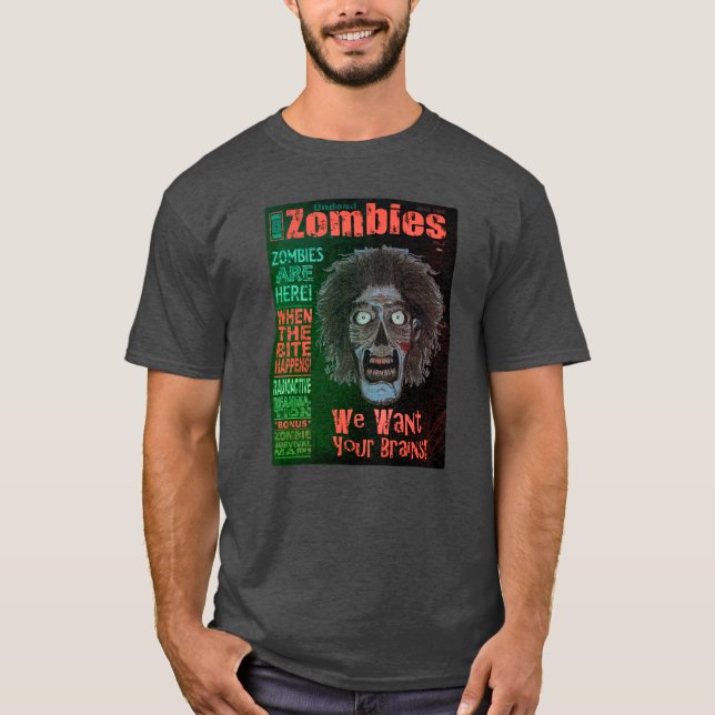 Camiseta ZOMBIES Mortos Queremos Seu Cérebro Texto Laranja (Frente)