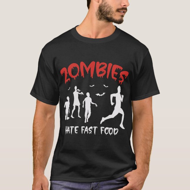 Camiseta Zombies odeiam comida rápida Fã de Halloween Engra (Frente)