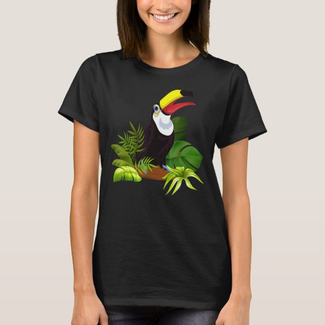 Camiseta Zoo Pássaro Tropical Folhas Tropicais Floresta Tro (Frente)