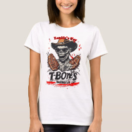 Camiseta Zumbi comendo um bife T-Bone em um Branco