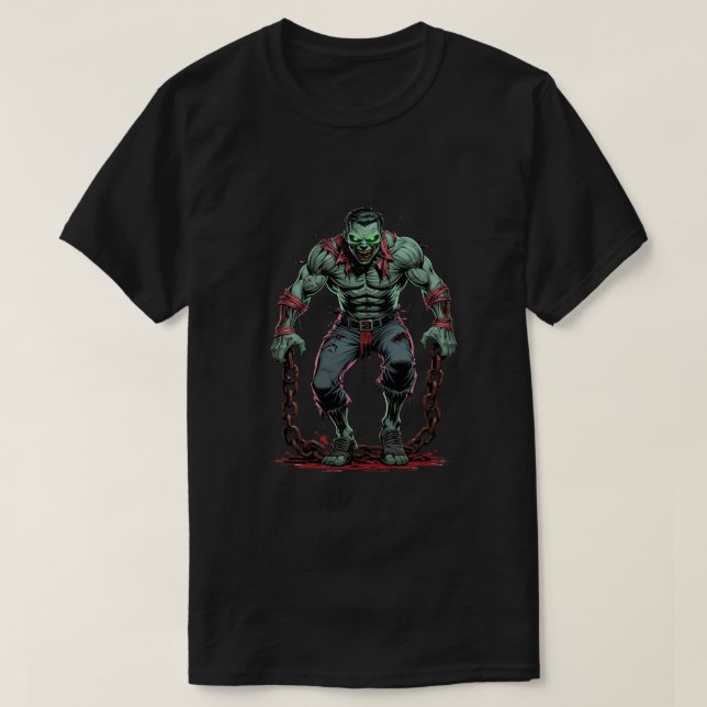 Camiseta Zumbi Muscular com Cadeias - Desenho Horror de Cam (Frente do Design)