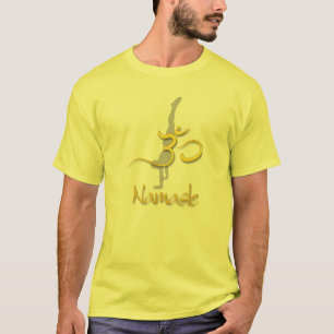 Camisetas amarelas om namaste de mão dada pose de