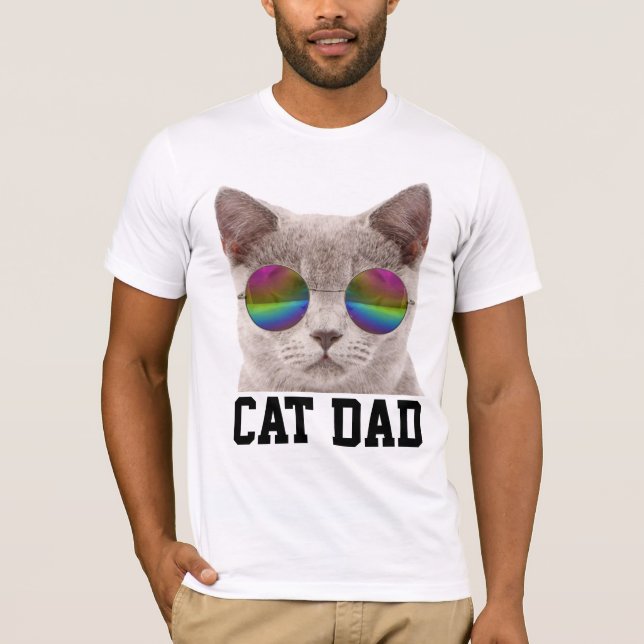 Camisetas CAT DAD, Gato cinza com Óculos de Sol Ar (Frente)
