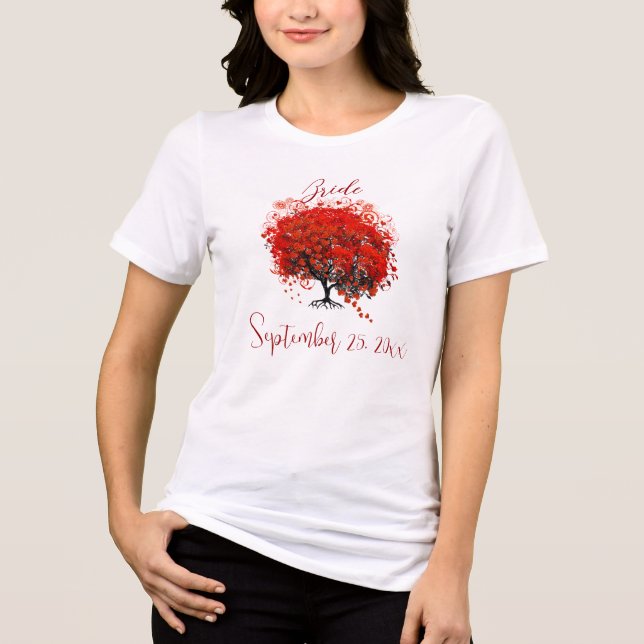 Camisetas de casamento de árvore de folha de coraç (Frente)