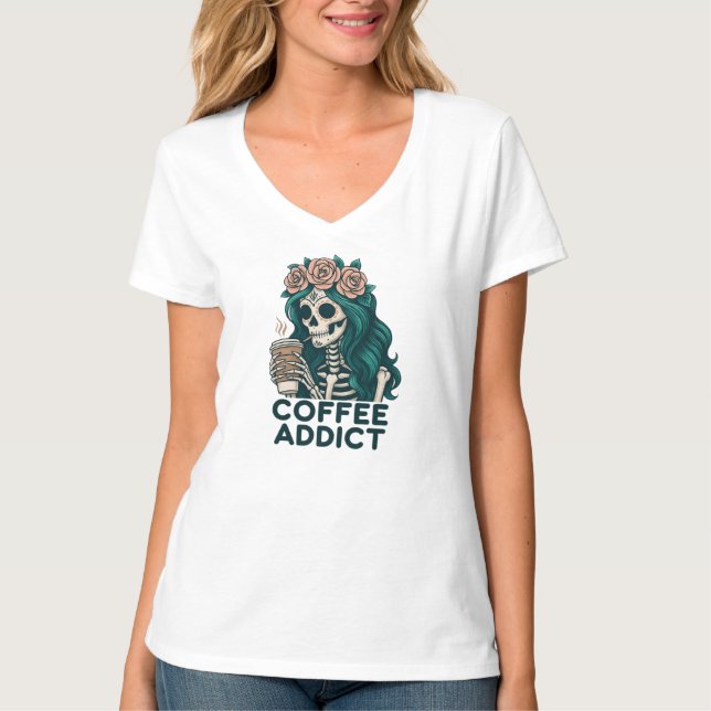 Camisetas de design de esqueleto de amante de café (Frente)