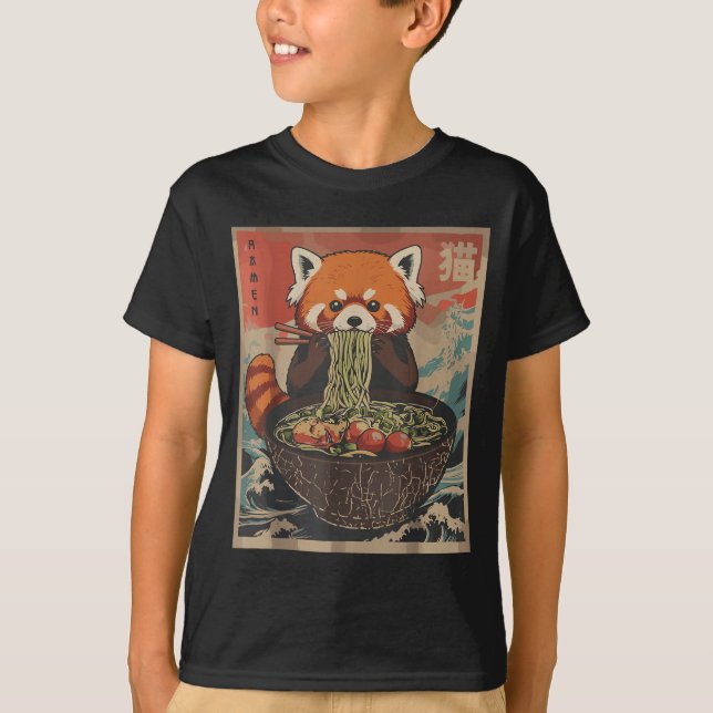 Camisetas Gráficas Japonesas Ramen de Panda Vermel (Frente)