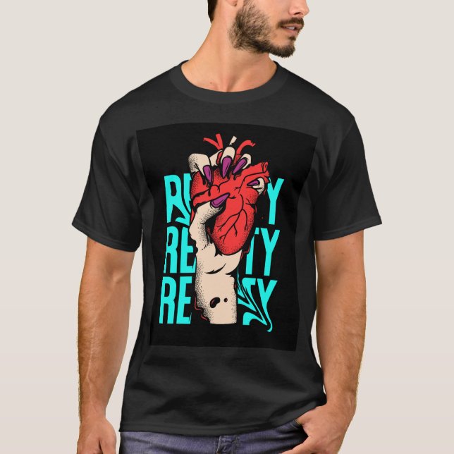 Camisetas pretas com estilo de coração azul e verm (Frente)