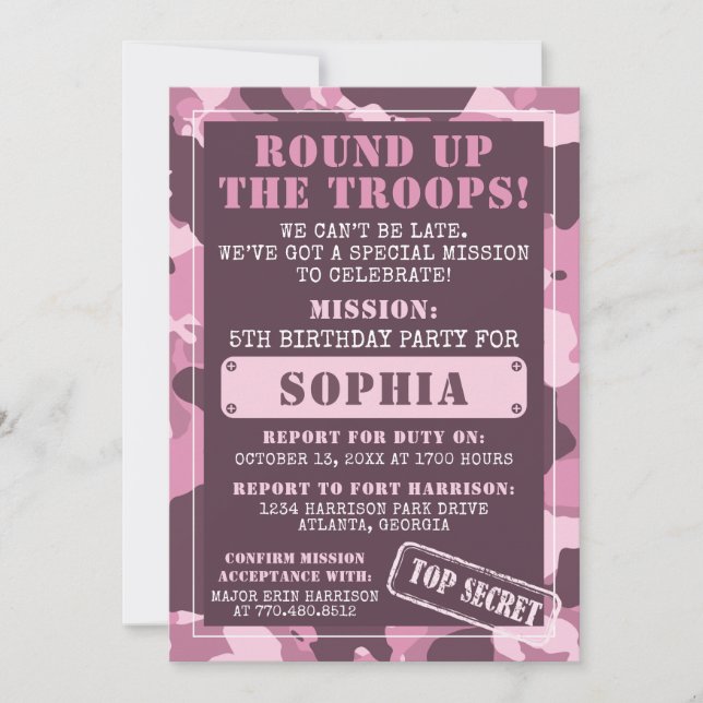 Camo Convite de aniversário, Exército, Missão (Frente)