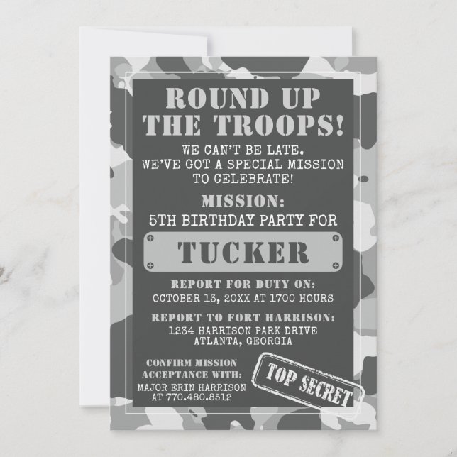 Camo Convite de aniversário, Exército, Missão (Frente)
