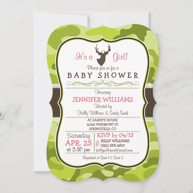 Camo Verde com Buck; Convite para Chás de fraldas  (Frente)