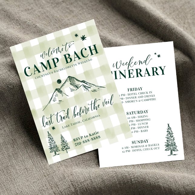 CAMP BACH-Última trilha para o Convite de Véu (Camp Bach Invitation & Itinerary | Mountain Themed Bach Trip Set | Editable & custom! Shop Now!)