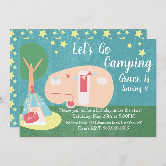 Camping Retro Party Stars Noite Convite de Anivers (Frente/Verso)