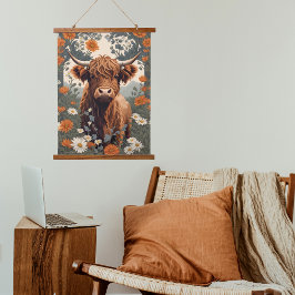 Campo de Daisy de Vintage em Highland Cow