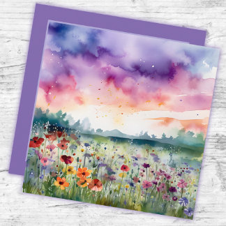 Campo de flores em aquarela com nuvens Obrigado