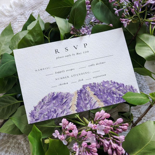 Campos de Lavanda de Aquarela RSVP de Casamento (Watercolor lavender fields wedding RSVP response cards.)