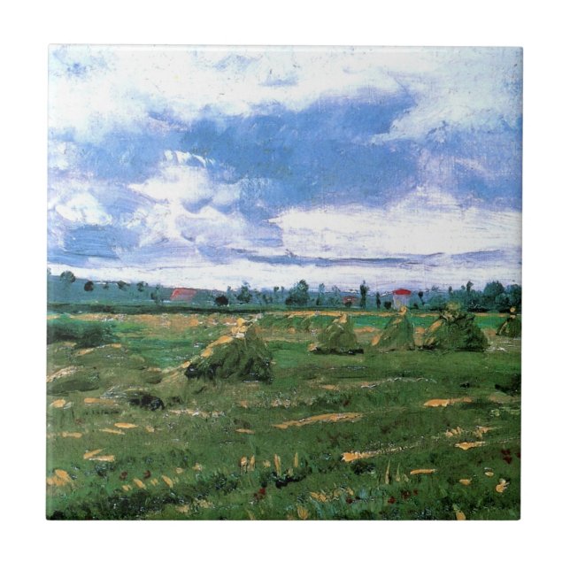 Campos de trigo com Haystacks por Vincent van Gogh (Frente)