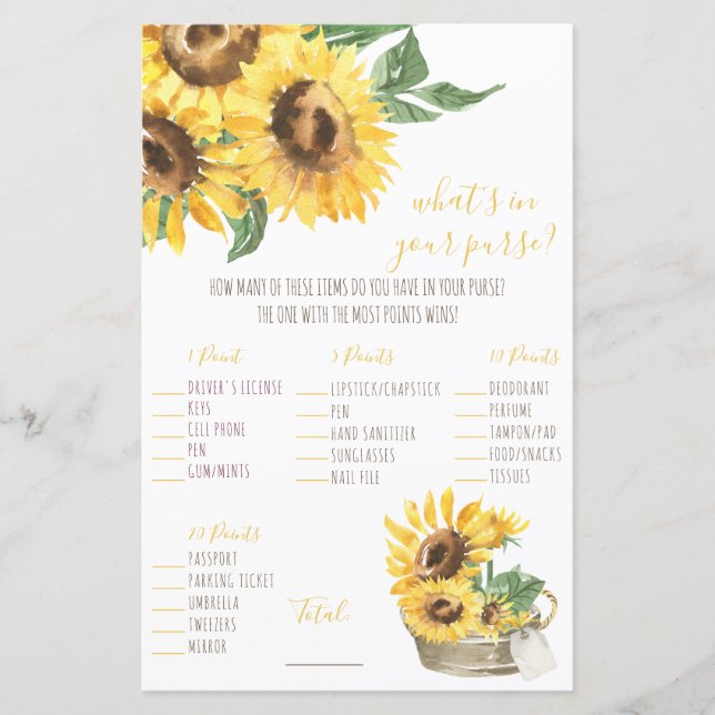 Cana-de-água Girassol O que há na sua bolsa? Jogo (Frente)