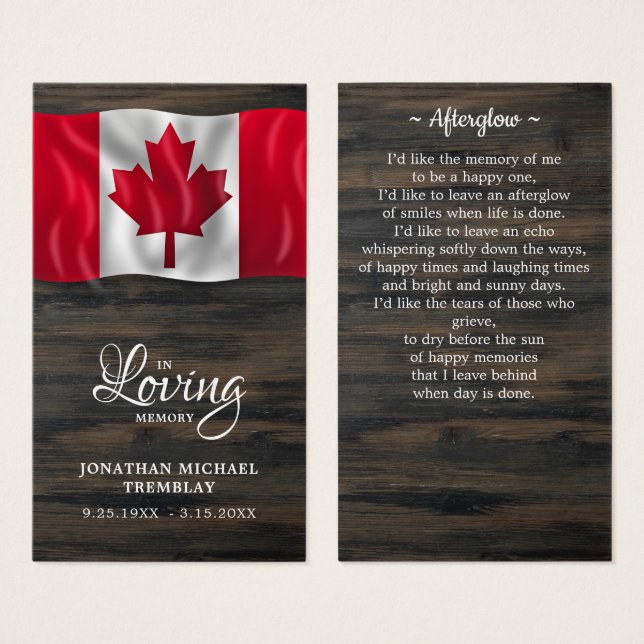 Canada Flag Sympathy Memorial Funeral Prayer Card (Frente & Verso)
