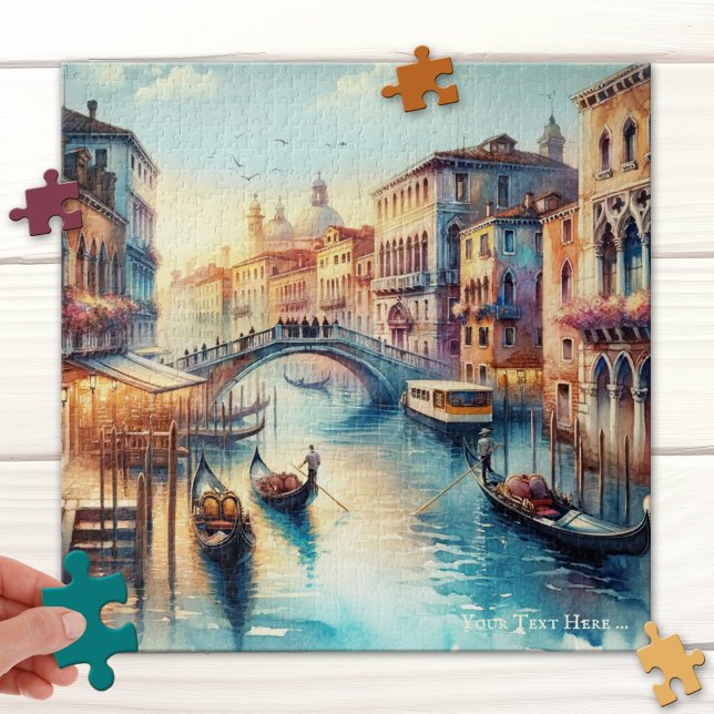 Canal em Veneza Itália Watercolor Quebra-cabeça (Puzzle featuring a watercolor painting of a canal in Venice, Italy - fantasy scene)