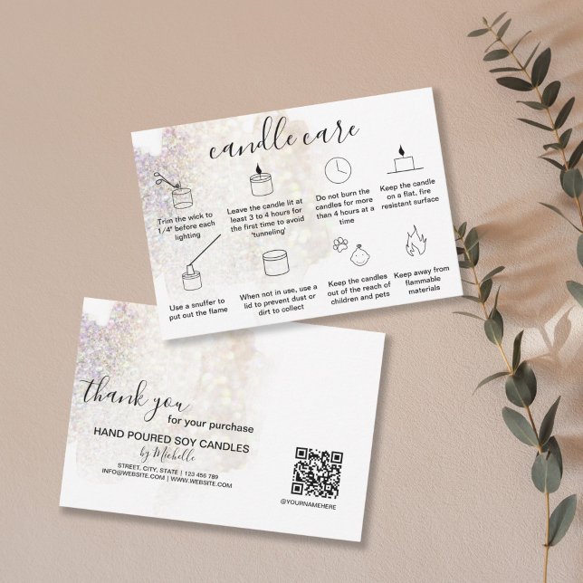 Candle Care Cartão de Agradecimento Adicione Seu L (minimalist icons with a blush pink watercolor background splash)