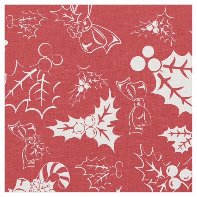 Candy Cane Holly | Tecido de Férias Vermelho e Bra (Detalhe)