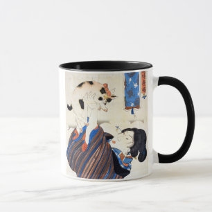 Caneca 猫と女, gato do 国芳 e mulher, Kuniyoshi, Uki