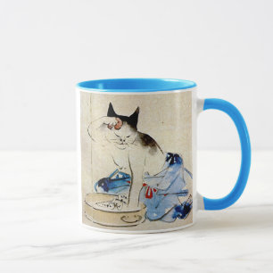 Caneca 顔を洗う猫, lavagem da cara do gato do 広重, Hiroshige