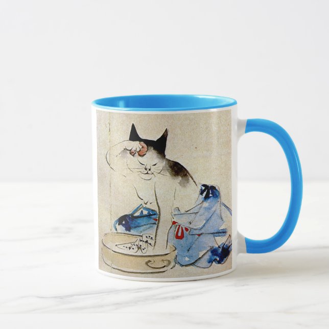 Caneca 顔を洗う猫, lavagem da cara do gato do 広重, Hiroshige (Direita)