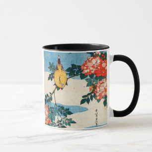 Caneca 黄 鳥 と 薇, 北 斎 Pássaro e Rosa Amarelo, Hokusai, Ukiy