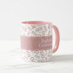 Caneca 100º Padrão Aleatório de Números Rosa e Branco de 