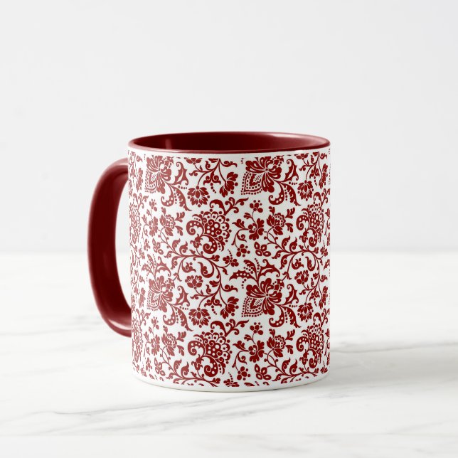 Caneca 1860s Floral, Vermelho na Mug de Café Branco (Frente Esquerda)