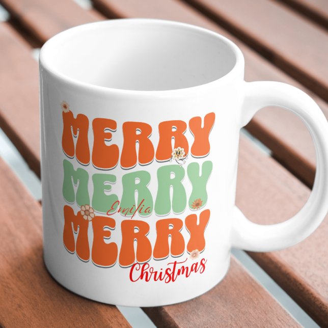 Caneca 1960 Retro Groovy Orange Merry Christmas Boho Name (Criador carregado)