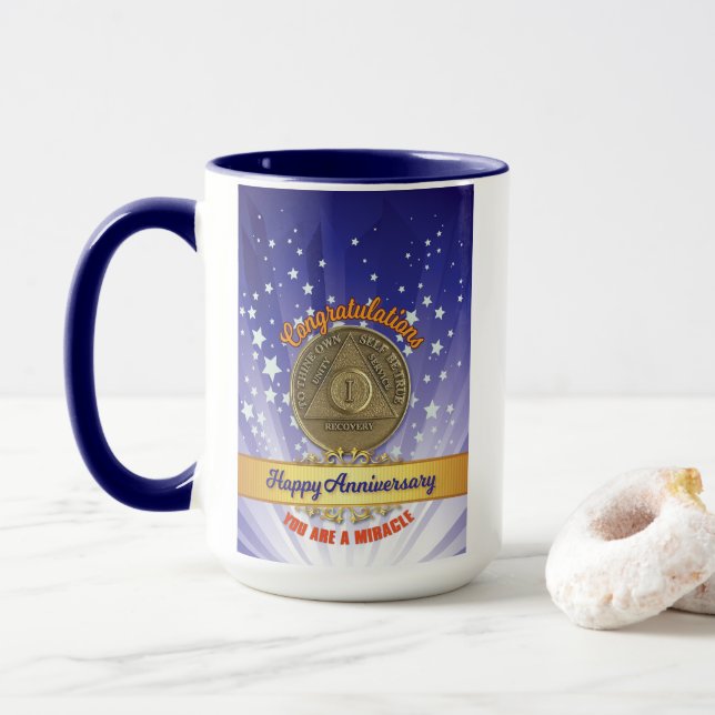 Caneca 1 Ano de Sobriedade - Você É um Milagre Nome/Ano P (Com Donut)