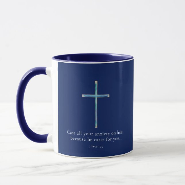 Caneca 1 Pedro 5:7 Cruz Minimalista (Esquerda)