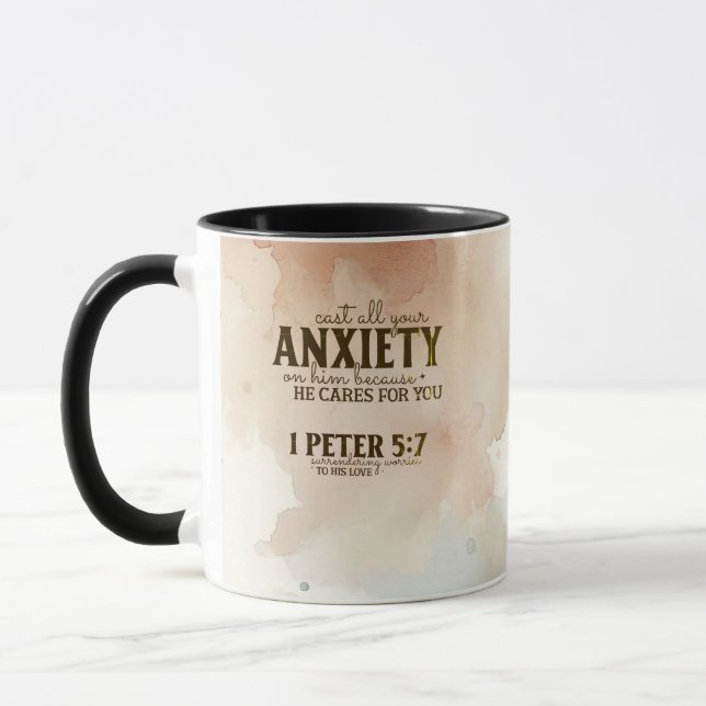 Caneca 1 Peter 5:7 Caste a sua ansiedade na Bíblia dele V (Esquerda)