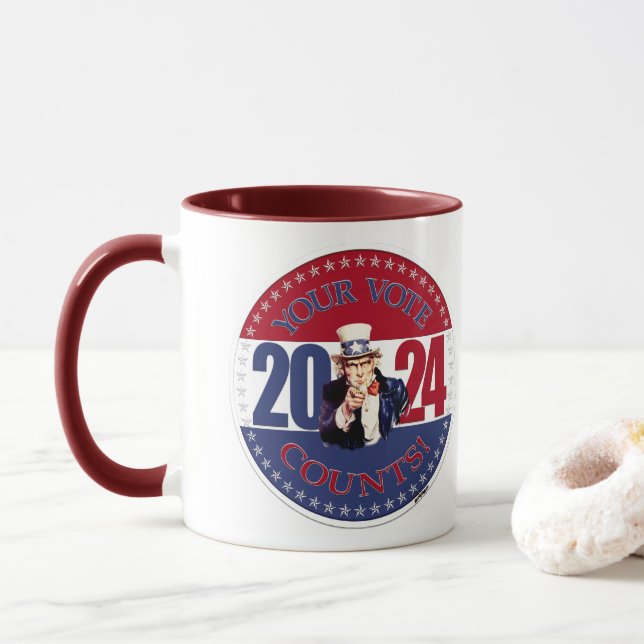 Caneca 2024 Vermelho e Azul Seu Voto Conta Tio Sam (Com Donut)