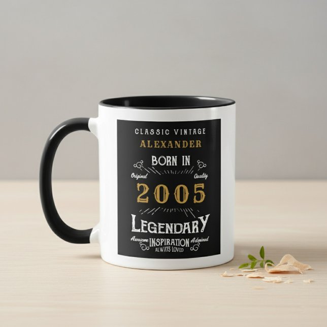 Caneca 21st Birthday 2005 Legend Retro Black Personalized (Born 2005 Legendary mug. Grey and wood background.)