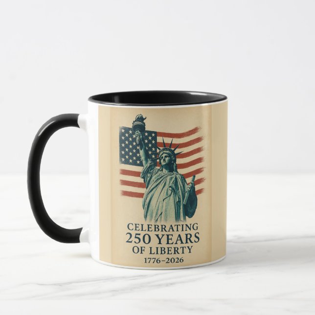 Caneca 250 Anniversary Statue of Liberty Over Flag (Esquerda)