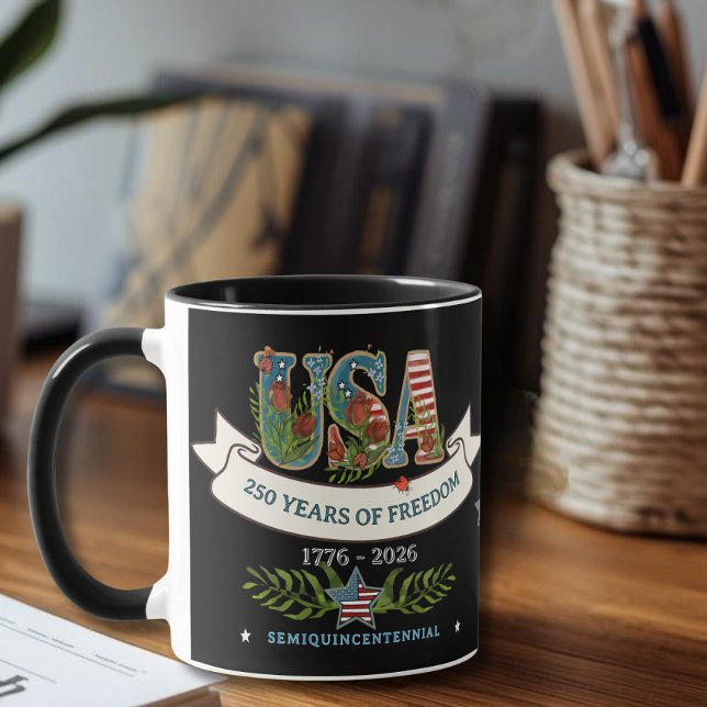 Caneca 250 Anos de Liberdade Elegante Patriótico Preto (250 Years of Freedom Elegant Patriotic Black Mug)