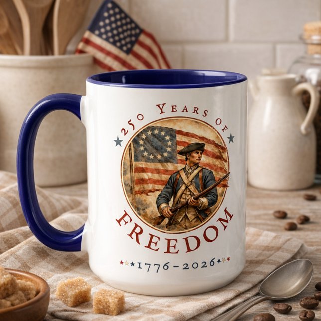 Caneca 250th Anniversary Revolutionary Soldier Freedom (Criador carregado)
